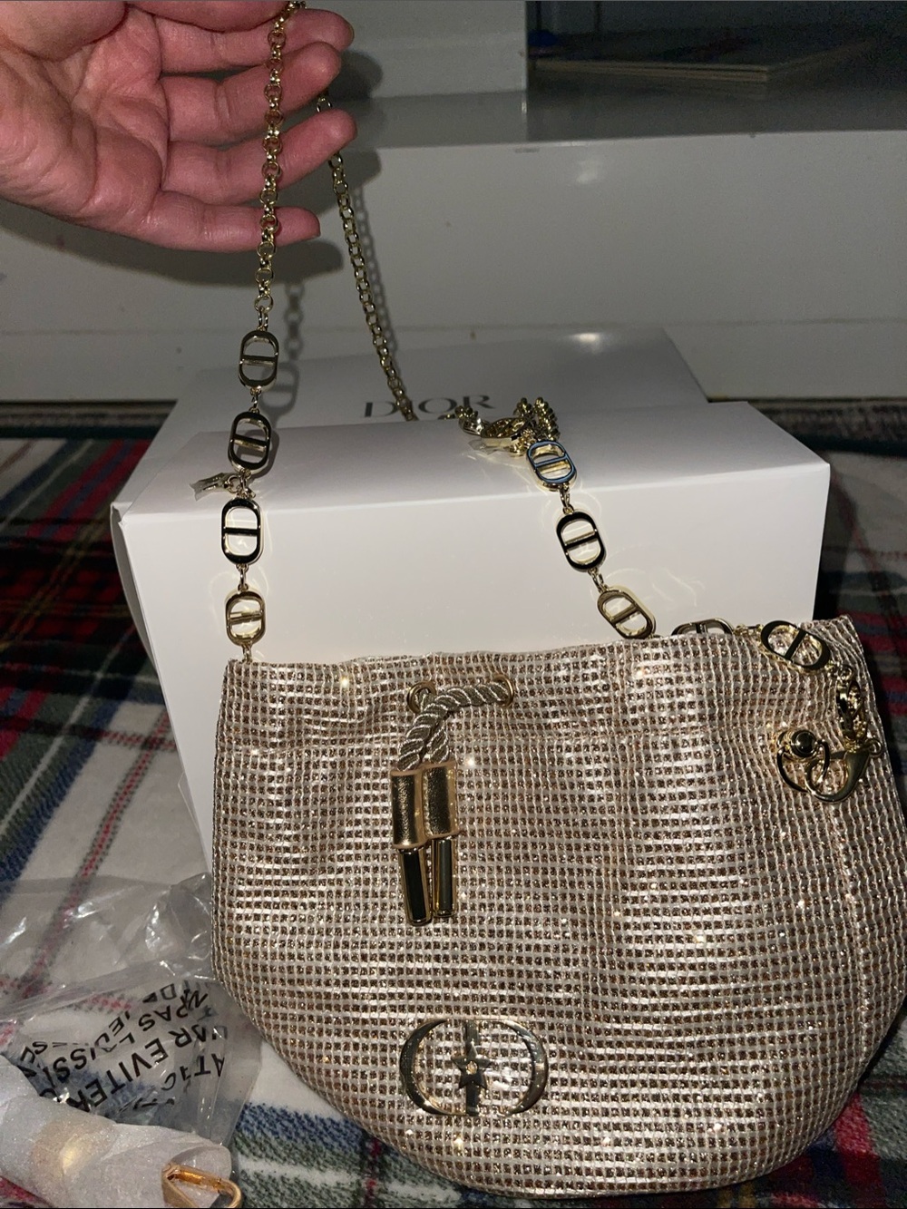 Gold Metallic Woven Shoulder Bag with Chain Strap